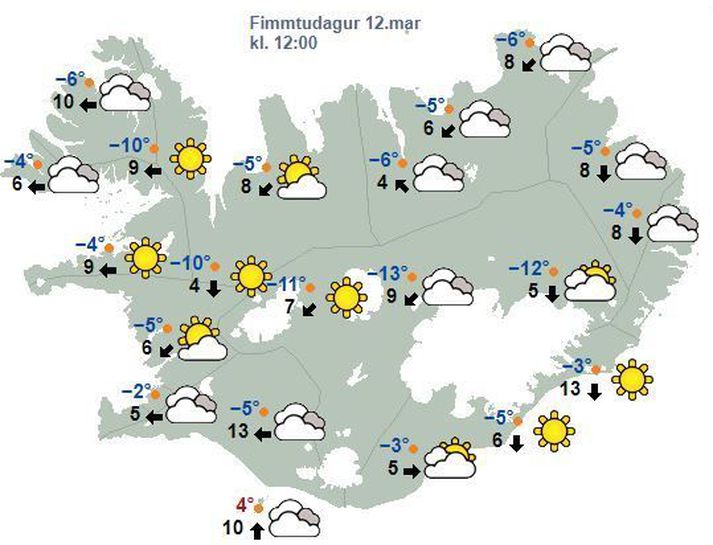 Spákort Veðurstofunnar fyrir hádegið eins og það leit út í morgun.