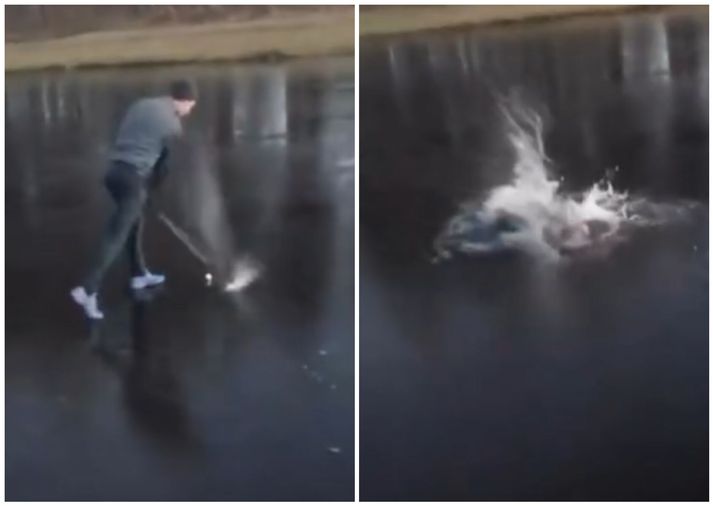 Það fór illa fyrir þessum kylfingi og hætt við að hann hafi orðið ansi kaldur. 