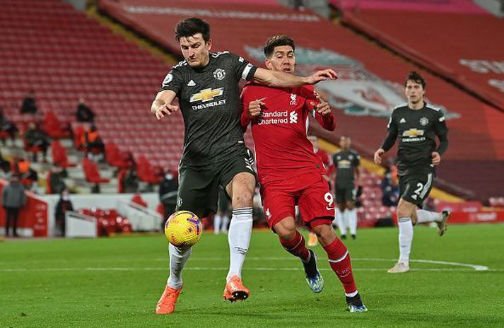 Harry Maguire hafði góðar gætur á Roberto Firmino í dag.