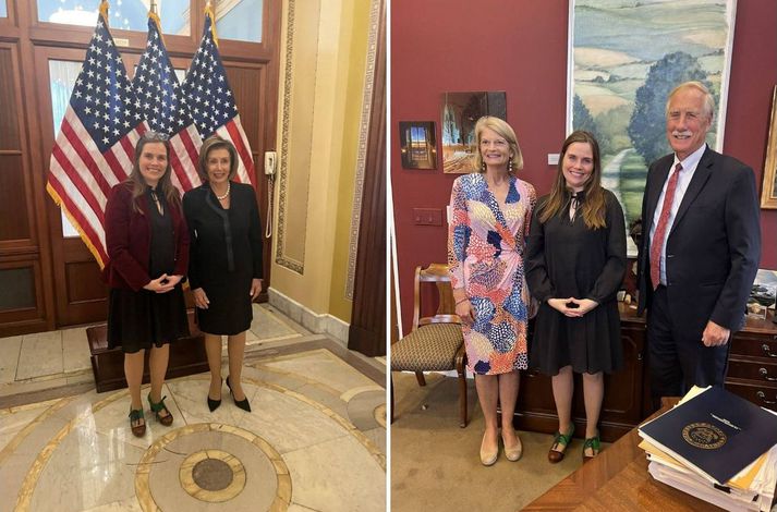 Katrín Jakobsdóttir og Nancy Pelosi (t.v.) Katrín með Angus King og Lisu Murkowski, öldungadeildarþingmönnum Maine og Alaska. Myndin er samsett.