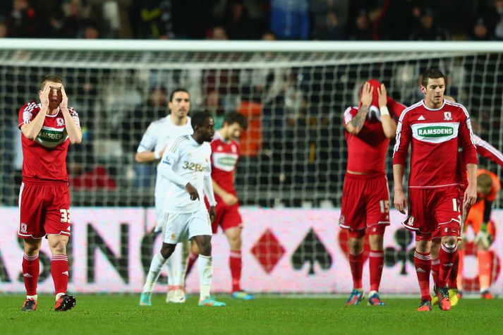 Liðsmenn Middlesbrough gátu ekki leynt vonbrigðum sínum með mark Swansea.