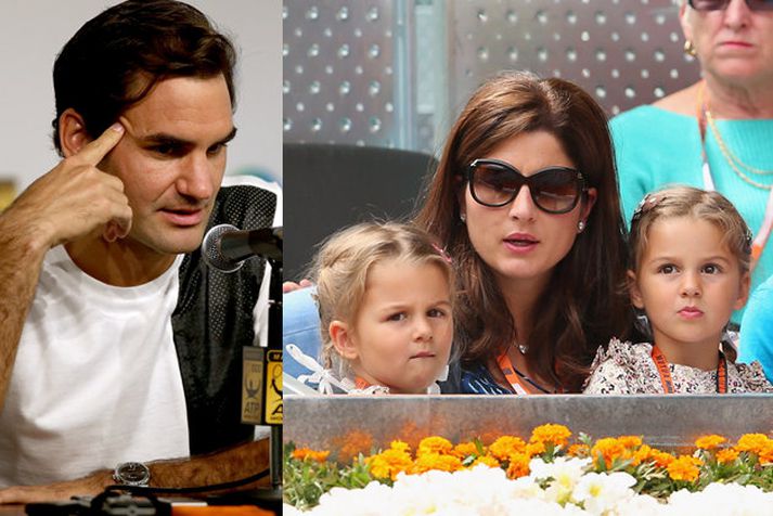 Roger Federer eiginkonan Mirka Vavrinec og tvíburadæturnar Myla Rose og Charlene Riva.