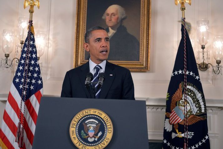 Barack Obama á blaðamannafundinum í morgun.