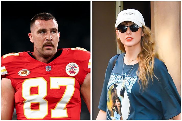 Samband Travis Kelce og Taylor Swift hefur vakið töluverða athygli. Kelce og félagar eru í beinni á Stöð 2 Sport í kvöld.