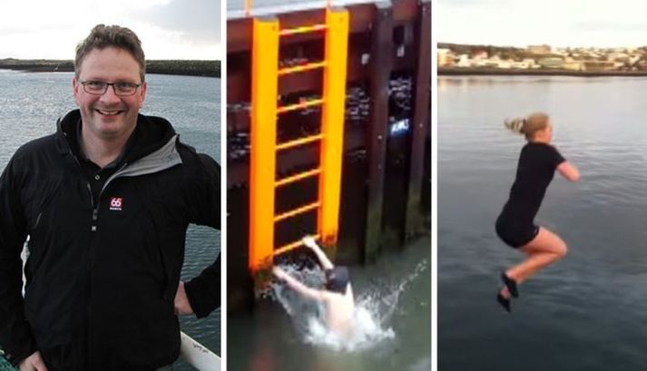 Vinsælt hefur verið hjá unglingum að skora hver á annan að stökkva í sjóinn.
