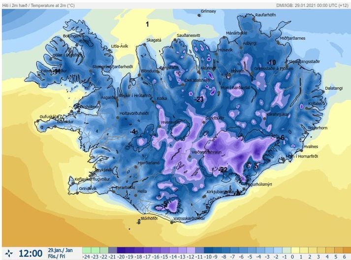 Hitaspákort Veðurstofunnar fyrir hádegið í dag.