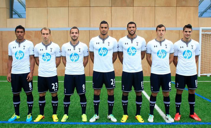 Þeir sjö leikmenn sem Tottenham keypti fyrir hagnaðinn af sölunni á Gareth Bale. Frá vinstri: Paulinho, Christian Eriksen, Roberto Soldado, Nacer Chadli, Étienne Capoue, Vlad Chiriches og Erik Lamela.