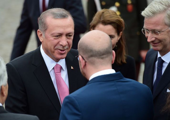 Charles Michel, forsætisráðherra Belgíu, tekur á móti Recep Tayyip Erdogan í Brussel í morgun.