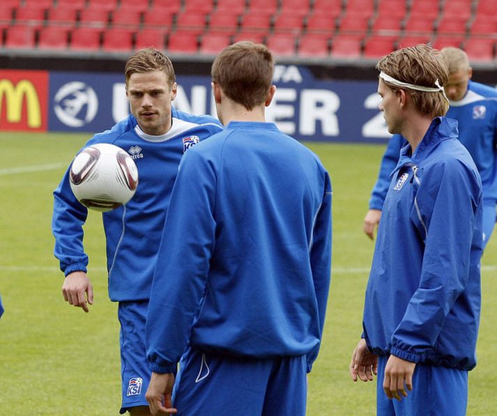 Arnór Smárason ásamt félögum sínum í U-21 landsliðinu í dag.