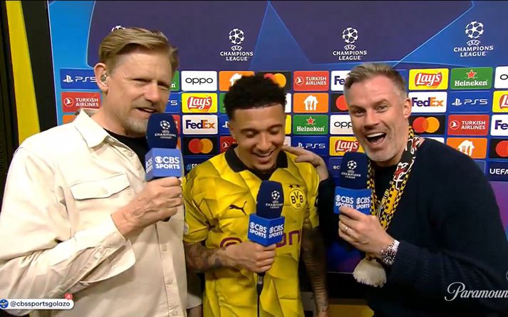 Peter Schmeichel og Jadon Sancho virtust hafa gaman af látunum í Jamie Carragher sem var bersýnilega búinn að fá sér nokkra bjóra.