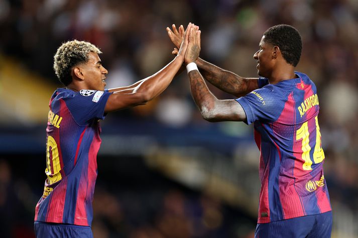 Marcus Rashford og Lamine Yamal fagna saman einu marka Börsunga í kvöld.