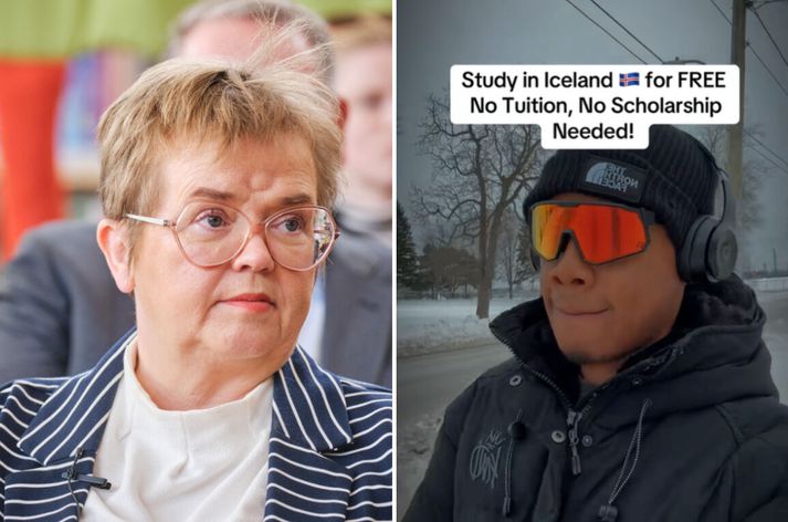 Silja Bára Ómarsdóttir, rektor Háskóla Íslands, segir umsóknum hafa fjölgað mikið milli ára. Til hægri má sjá skjáskot úr auglýsingu á Tiktok um hversu auðvelt og ódýrt er að koma til Íslands til að læra.