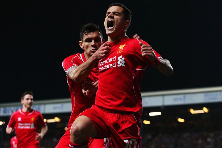Philippe Coutinho fagnar sigurmarki sínu.