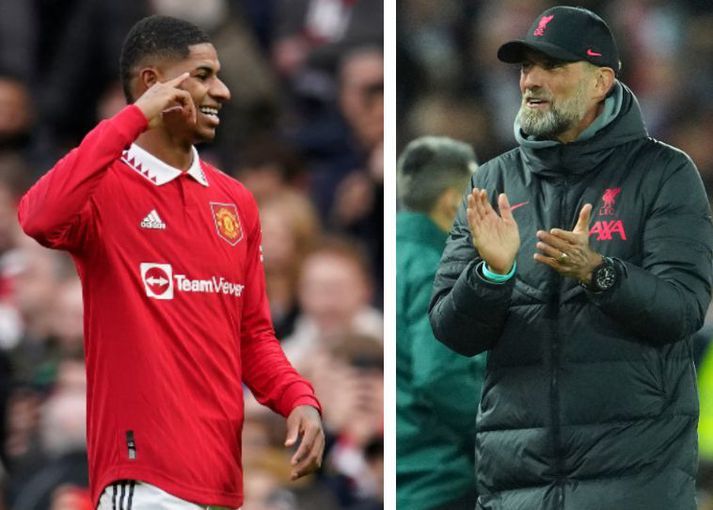 Jürgen Klopp, knattspyrnustjóri Liverpool, og Marcus Rashford, framherji Manchester United.