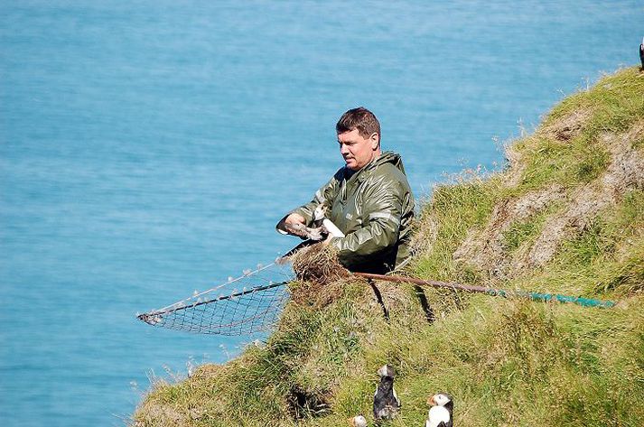 Georg Eiður Arnarsson að veiðum árið 2007. Georg er einn reyndasti lundaveiðimaður Vestmannaeyja.