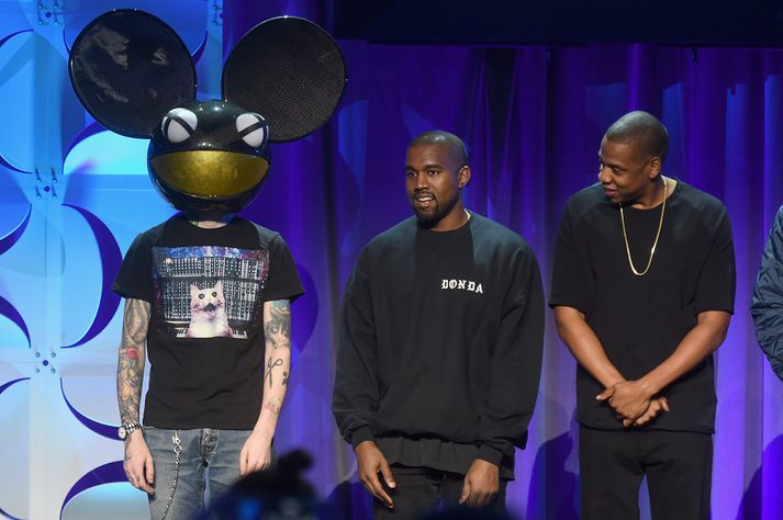 Deadmau5, Kanye West og Jay-Z á opnun Tidal í október 2014.