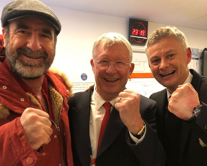 Eric Cantona, Sir Alex og Ole Gunnar voru hressir í gær.