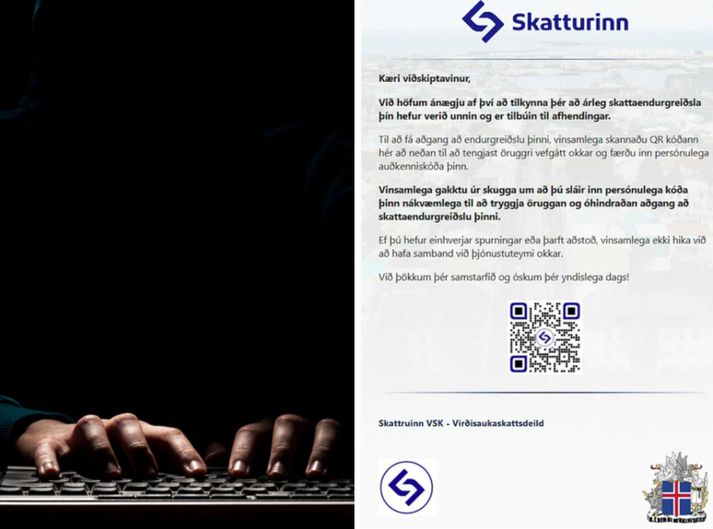 Á myndinni til hægri má sjá dæmi um svikasíðu sem send var út í nafni Skattsins í haust.