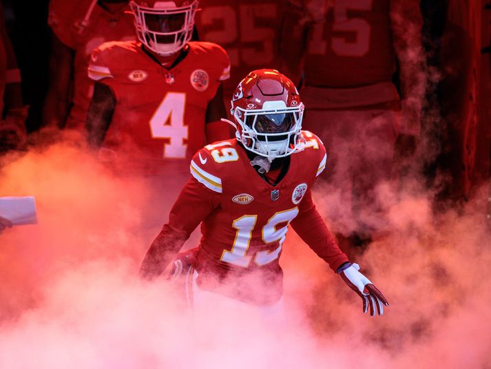 Kadarius Toney verður líklega ekki í leikmannahópi Kansas City Chiefs í kvöld.