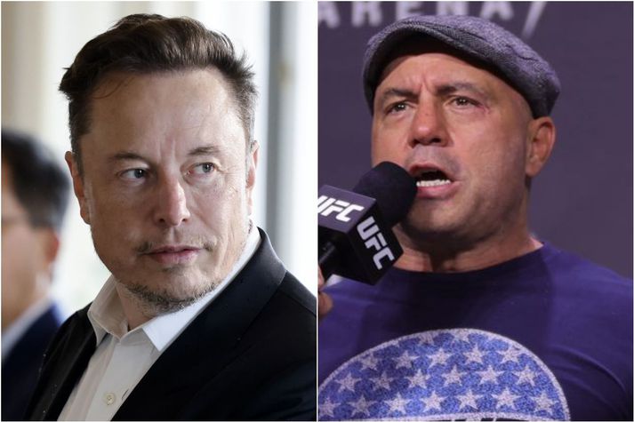 Elon Musk (t.v.) og Joe Rogan (t.h.) eiga sér marga aðdáendur úr röðum hægrisinnaðra samsæriskenningasinna. Þeir beindu spjótum sínum að sérfræðingi í bóluefnum um helgina.