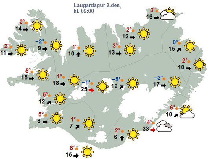 Spákort Veðurstofu Íslands fyrir morgundaginn.