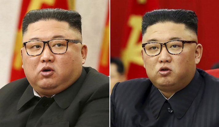 Kim Jong-un virðist hafa tekið sig á. Myndin vinstra megin var tekin í febrúar en sú síðari í þessari viku.