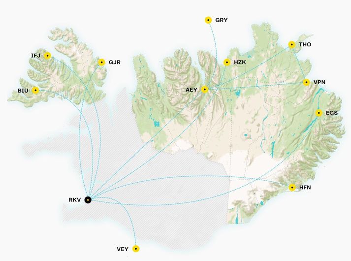 Undir Loftbrú falla Vestfirðir, hluti af Norðurlandi vestra, Norðurland eystra, Austurland, Hornafjörður og Vestmannaeyjar.