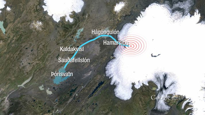 Kortið sýnir líklegan gosstað og leið hlaupsins þann 13. júlí árið 2011 um Hamarslón, Hágöngulón og niður til Þórisvatns.