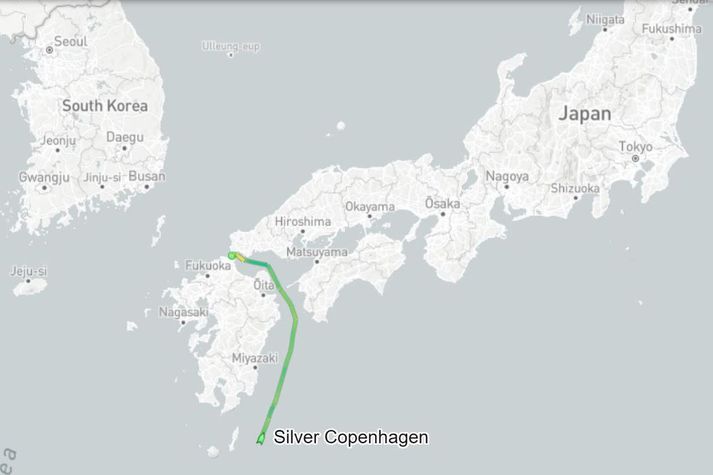 Skipið Silver Copenhagen kom til hafnar norðaustan við borgina Fukuoka, milli Nagasaki og Hiroshima, samkvæmt siglingasíðunni Marine Traffic.