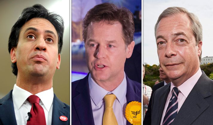Ed Milliband, Nick Clegg og Nigel Farage.