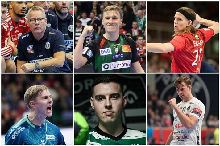 Hér má sjá sex af þrettán fulltrúum Íslands í Meistaradeildinni í handbolta á næsta tímabili. Guðmundur Guðmundsson, Gísli Þorgeir Kristjánsson, Bjarki Már Elísson, VIktor Gísli Hallgrímsson, Orri Freyr Þorkelsson og Sigvaldi Björn Guðjónsson