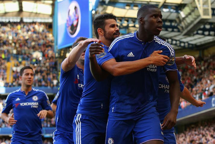 Zouma og Costa fagna marki franska varnarmannsins um helgina.