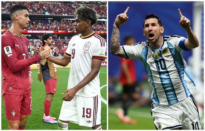 Lamine Yamal með Cristiano Ronaldo eftir leik Spánar og Portúgal á dögunum. Lionel Messi fagnar til hægri sínu áttunda marki á HM.