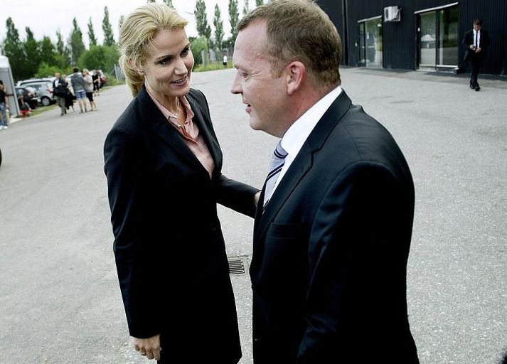 Leiðtogar stærstu fylkinganna Helle Thorning-Schmidt, leiðtogi sósíaldemókrata, og Lars Løkke Rasmussen forsætisráðherra að loknum sjónvarpsumræðum um helgina. nordicphotos/AFP