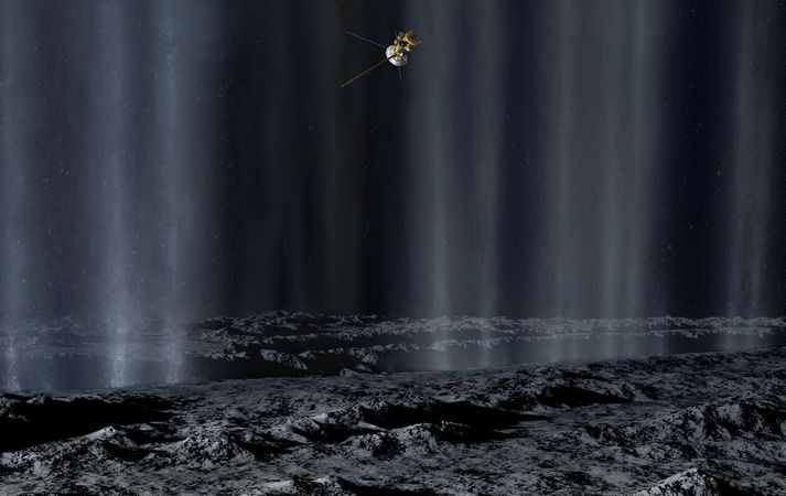 Geimfarið safnaði sýnum úr gosstrókunum miklu á suðurhveli tunglsins. Svona sér listamaður NASA heimsóknina fyrir sér.
