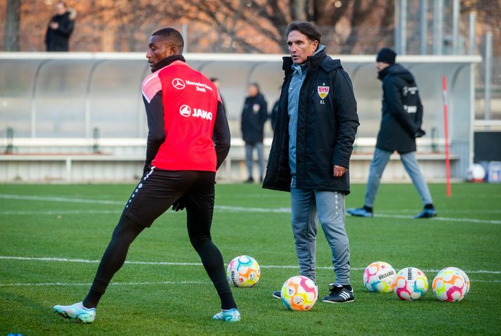 Serhou Guirassy og Bruno Labbadia á æfingu Stuttgart.