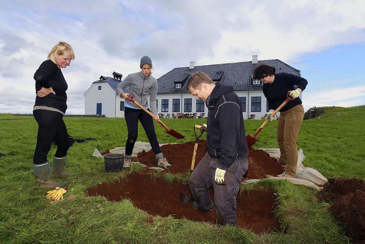 Steinunn Kristjánsdóttir (lengst til vinstri) var að störfum í Viðey í gær ásamt rannsóknarhópi sínum.
