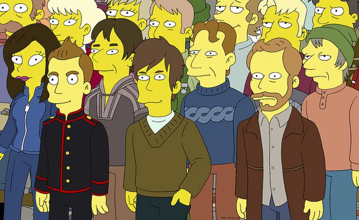 Svona líta þeir Jónsi, Orri Páll og Georg út í Simpsons-þættinum