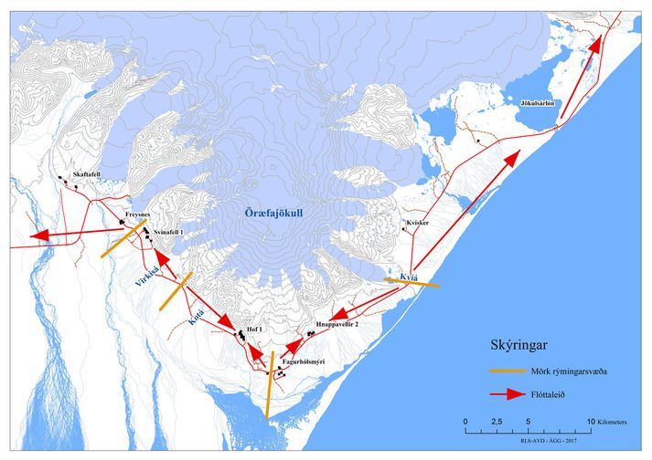 Á þessari skýringarmynd sýna örvarnar hvert fólk á að stefna í skjól komi til eldgoss í Öræfajökli.