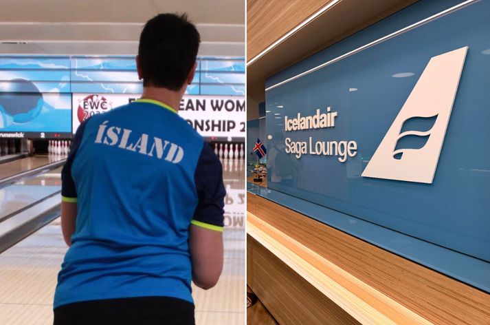 Karla- og kvennalandslið Íslands í keilu héldu út til Írlands í morgun. Ekki fengu öll þau fríðindi að vera með aðgang að Saga Lounge og Saga Class