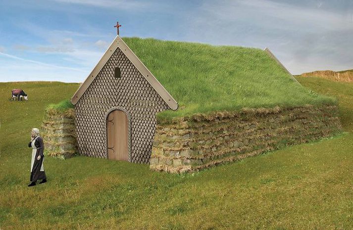 Tölvuteikning af endanlegu útliti Þorláksbúðar sem nú rís við Skálholtskirkju.
