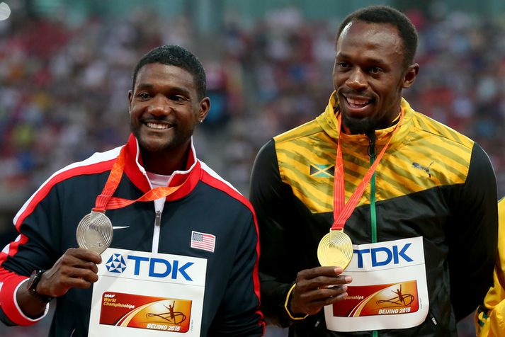 Justin Gatlin með silfur og Usain Bolt með gull á HM í Peking í fyrra.