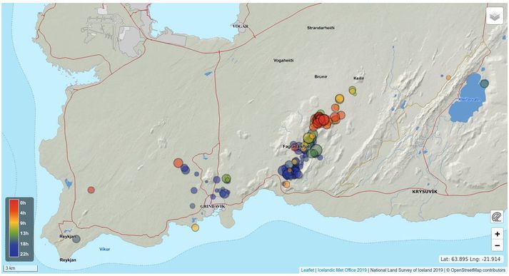 Alls hafa um 1800 skjálftar mælst á svæðinu við Fagradalsfjall í dag.