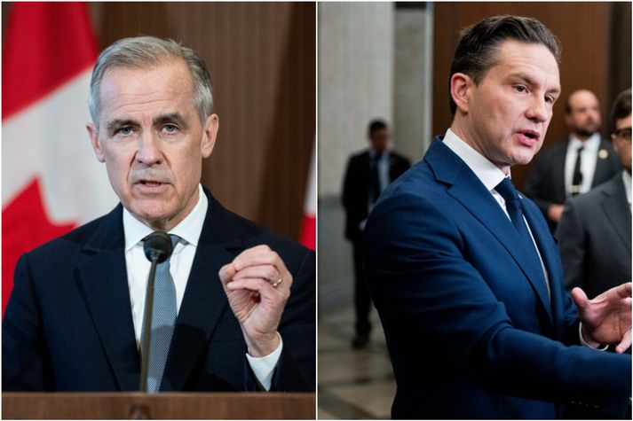 Mark Carney, formaður Frjálslynda flokksins, og Pierre Poilievre, formaður Íhaldsflokksins. Þeir leiða tvo stærstu flokkanna fyrir komandi þingkosningar.