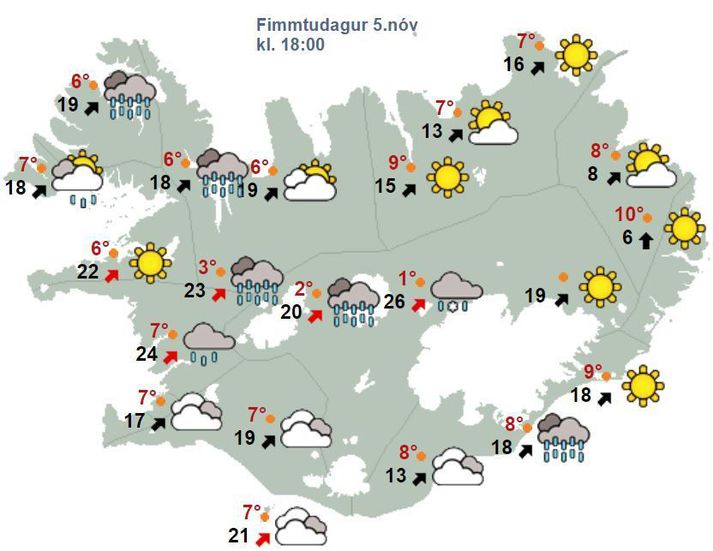 Svona verður staðan klukkan 18 í dag samkvæmt spá Veðurstofunnar.