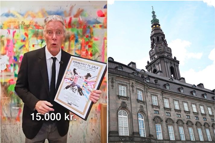 „Lýðræðið til sölu,“ ritaði Hornsleth á málverk sem hann verðsetur á fimmtán þúsund danskar krónur.