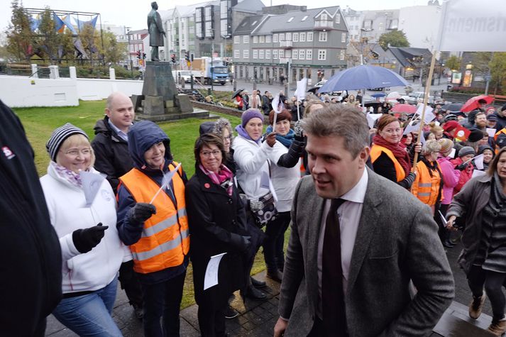 Bjarni Benediktsson fjármálaráðherra mætti á ríkisstjórnarfund í morgun.