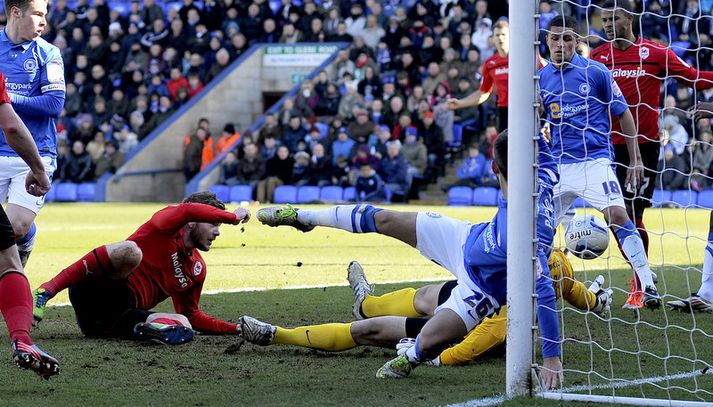 Aron Einar horfir hér á eftir boltanum í netið.