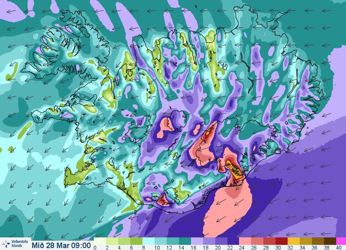 Vindaspá Veðurstofunnar fyrir klukkan níu fyrir hádegi í dag.