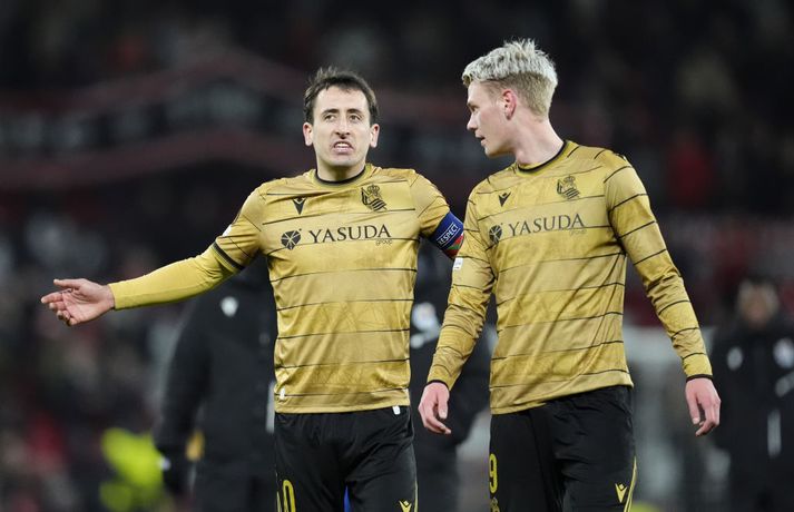 Mikel Oyarzabal og Orri Óskarsson á Old Trafford í mars þegar Real Sociedad mætti Manchester United í Evrópudeildinni.